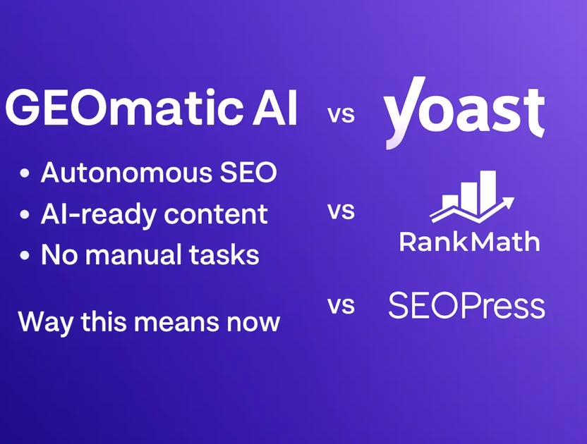 Image illustrant new comparison: geomatic ai vs yoast, rank math, seopress dans la catégorie AI Integration Advisory