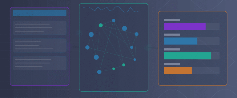 Three interconnected WordPress plugin interfaces merging into unified AI optimization dashboard, rendered with modular geometric panels in deep purple, electric blue, mint green, and warm orange, left side showing traditional WordPress admin, center displaying AI analysis graphs and entity mapping, right side revealing citation performance metrics, gradient background from structured grid to flowing data streams, modern technical aesthetic with clean typography indicators, subtle glow effects highlighting key features, no actual text readable, 1200×628 dimensions.