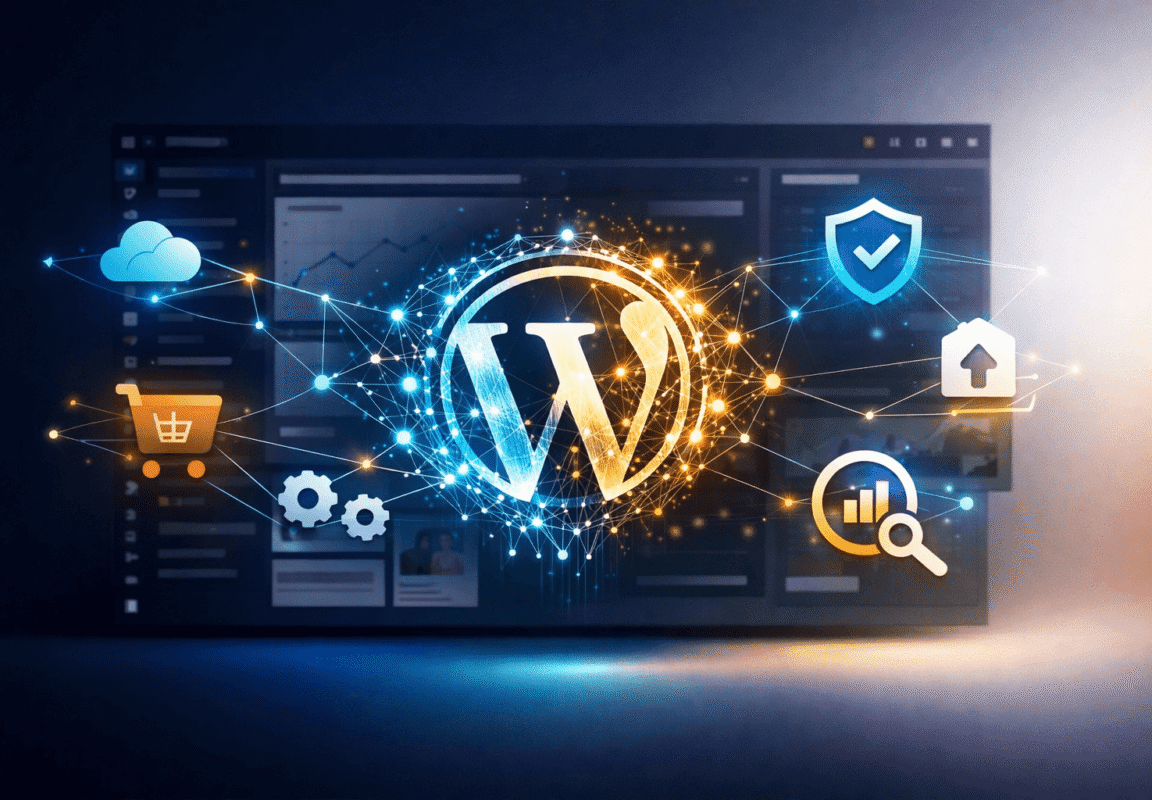 Modern digital interface showing WordPress dashboard with AI neural network overlay, interconnected plugin icons floating in 3D space