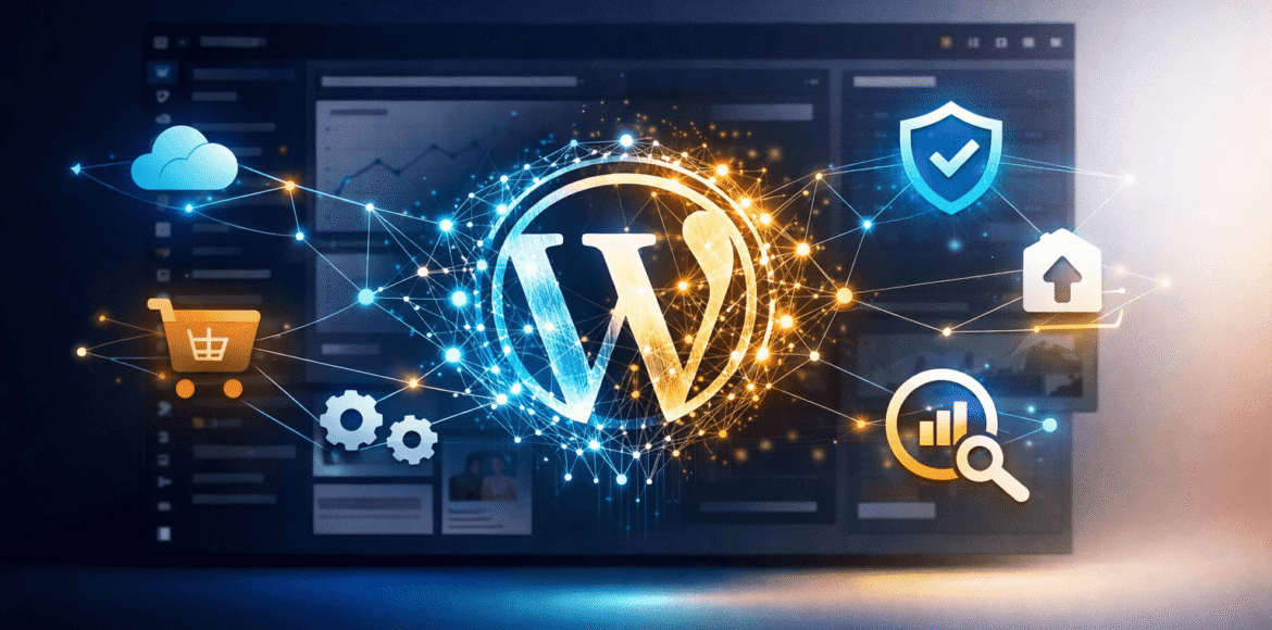 article blog de geomatic ai Modern digital interface showing WordPress dashboard with AI neural network overlay, interconnected plugin icons floating in 3D space