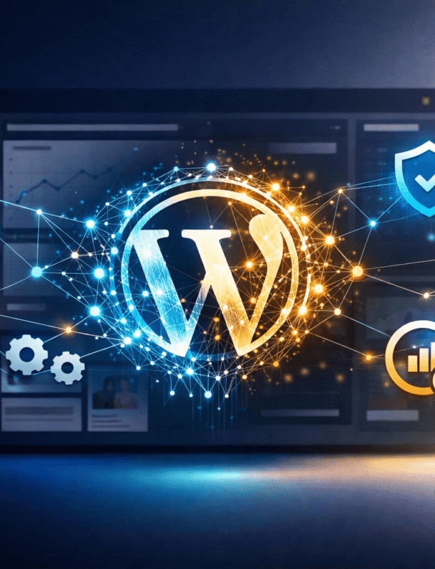 Modern digital interface showing WordPress dashboard with AI neural network overlay, interconnected plugin icons floating in 3D space
